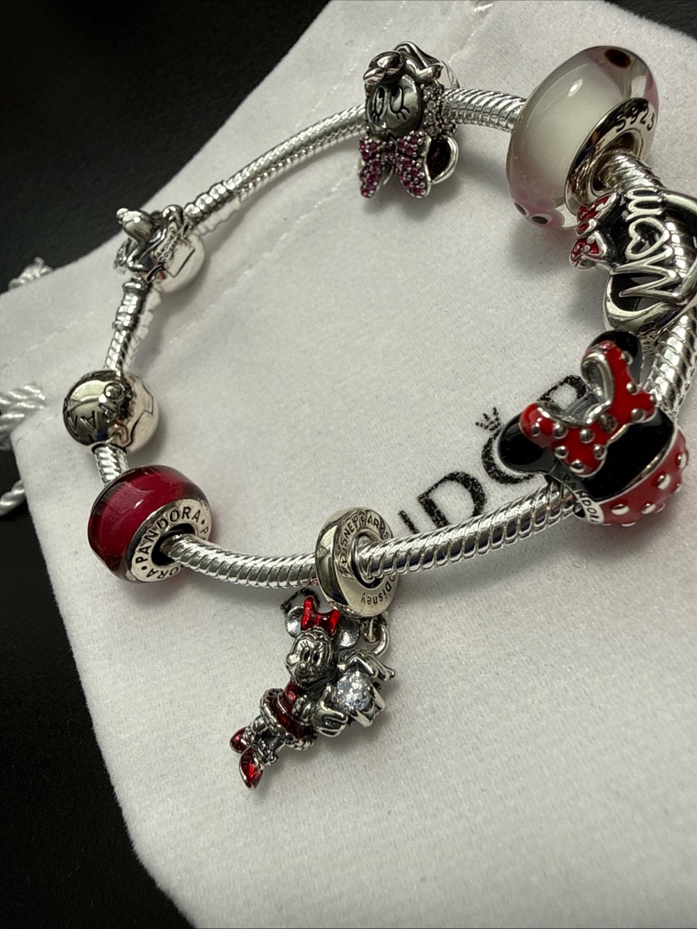 Pandora Disney Minnie Mouse Charm Bracelet ❤️ Mom Dangle Red Glass